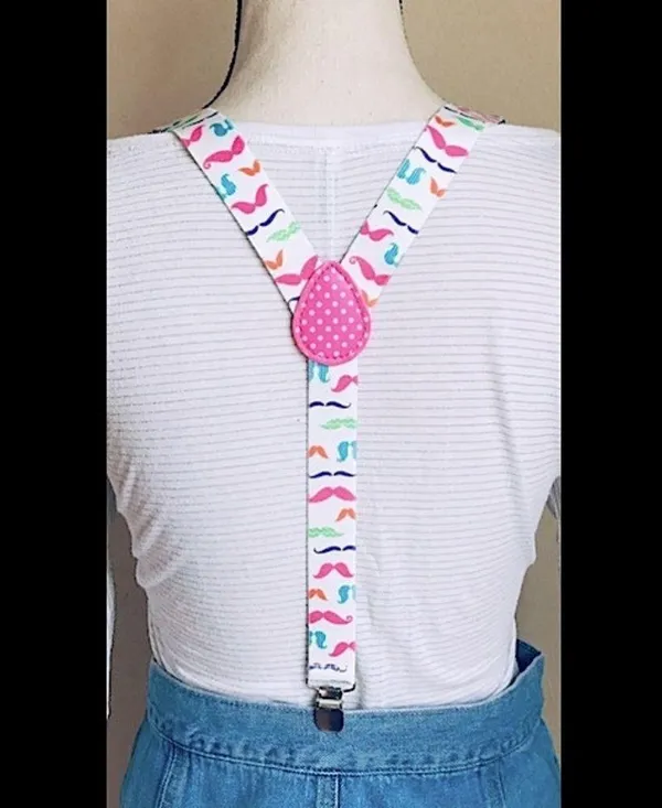 White Suspenders w/ Multicolored Neon Mustache Pattern: Stretchy, Adjustable Multiple - Image 4
