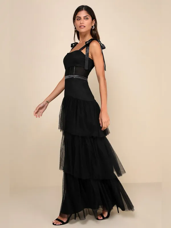 Lulus Enticing Mystique Black Tulle Tie-Strap Tiered Maxi Dress Size Small NWT - Image 4
