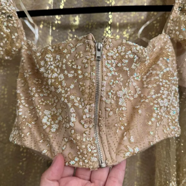 BLITHE Skirt Shorts Top Set Nude‎ Sparkly Gold Glittery Mesh Girly Outfit XS/S - Image 5