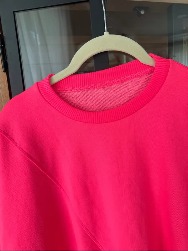 Neon pink crewneck asymmetrical sweatshirt terry fleece oversized locker room - Image 2