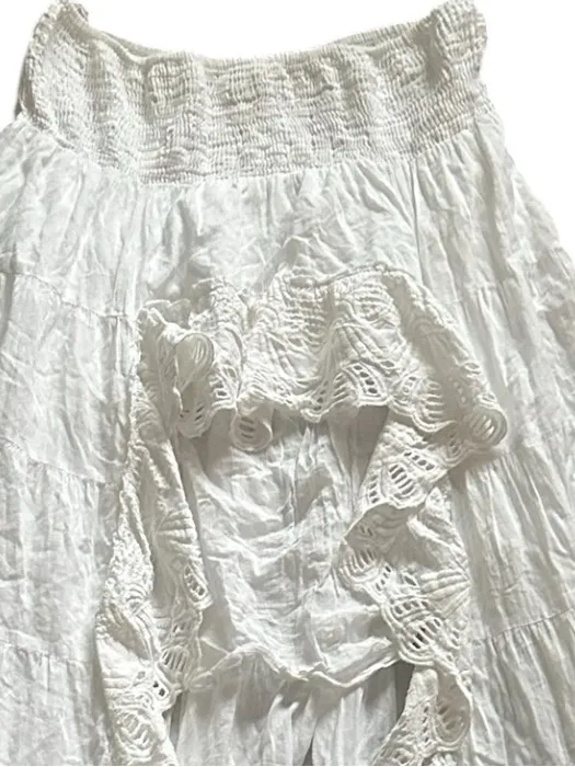 Solitaire High Low Ruffle Cottagecore Tiered Romantic White Peasant Maxi Skirt L - Image 5
