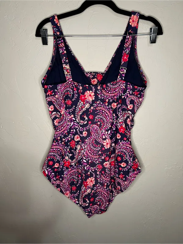 Lands End Purple Floral Paisley Grecian‎ Ruched Slimming One Piece Swimsuit - Image 6
