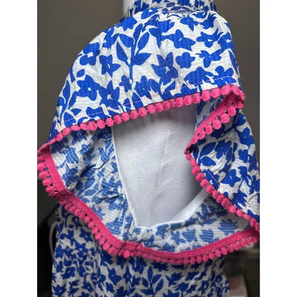 THML Anthropologie XL Blue White Floral Tiered Babydoll Dress Pink Pom Pom Trim - Image 6