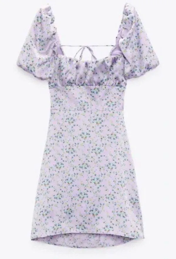 lilac floral satin puff sleeve mini dress - Image 3