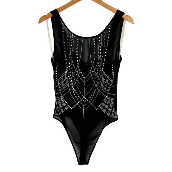 BKE Black Sheer Mesh Bodysuit Sz Large Embellished Jewel Rhinestone Y2K - Image 2
