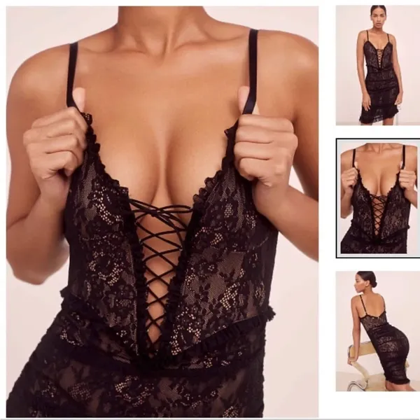 For Love And Lemons Gracie Lace Slip Dress Black Sheer Dark Romantic Corset S - Image 4