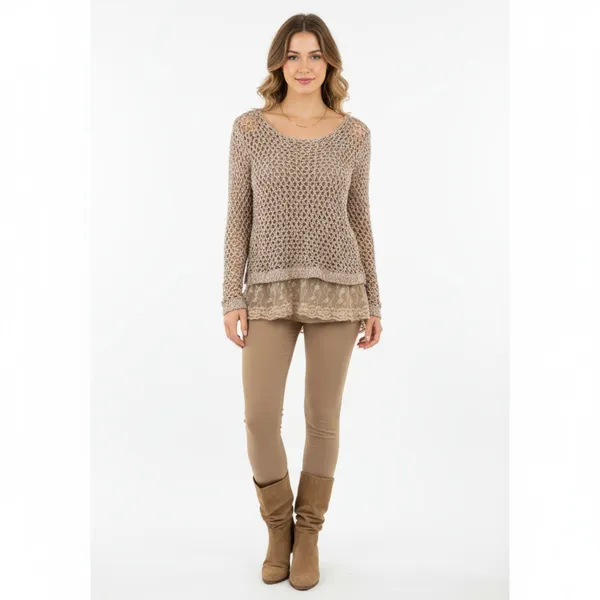 John Fashion Taupe Tan Crochet & Lace Layered Long Sleeve Sweater Blouse Top L - Image 6