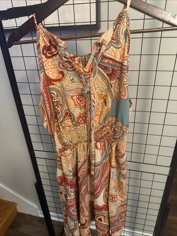 Boho Floral Paisley Sleeveless Midi Dress - Cream Multi - Image 3