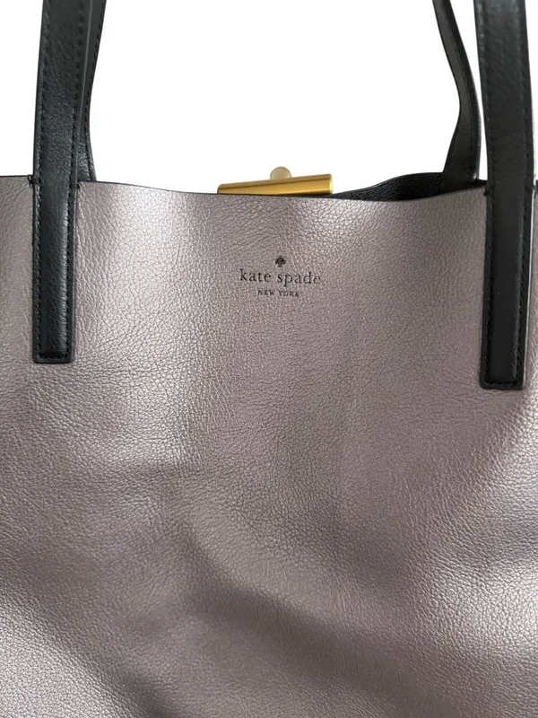 KATE SPADE Pewter Silver Black Reversible Leather Shoulder Tote Bag - Image 3