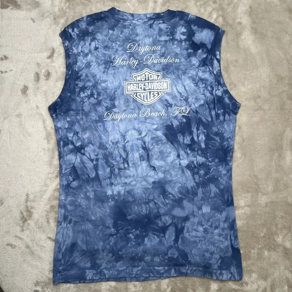 Harley Davidson Daytona Beach FL Womens L Blue Tie Dye Sleeveless Biker Shirt - Image 2
