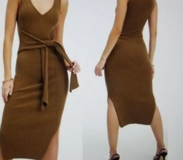 GOOD AMERICAN Sleeveless Rib Knit Tie Waist Midi Dress Taupe Tan Size 2 M - Image 2