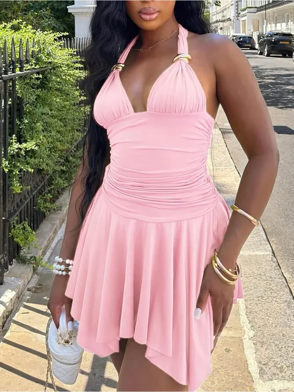 Pink Halter Ruched Swim Dress Size M - Image 4