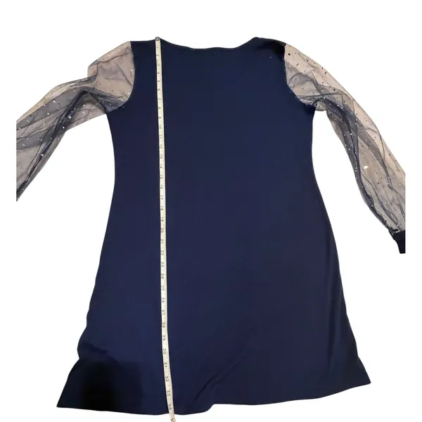 Navy Blue A-Line Dress Sheer Mesh Sequin Long Sleeve Cocktail Party Size L - Image 7