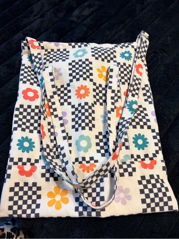 Checkerboard Floral Canvas Tote Bag in Multi-Color - Image 6