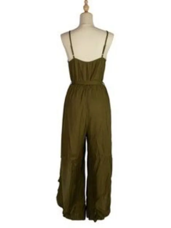 Olive Green High Slit Jumpsuit Spaghetti Strap Belted Wide Leg Boho Women M NWT - Image 7