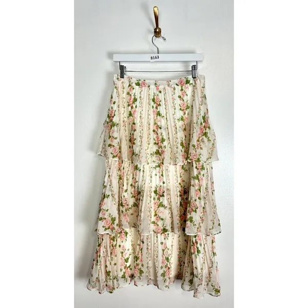 RACHEL PARCELL Pleated Tiered Chiffon Maxi Skirt in Ivory Size Medium - Image 6