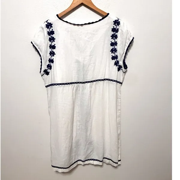 Boden Shift Dress Sz 16 Ivory Navy Blue Embroidered Linen V-Neck Boho Vacation - Image 2