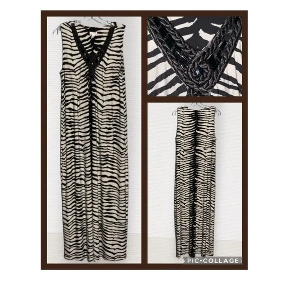 Chico’s Brown & Cream Zebra Sleeveless V Neck Bejeweled Maxi Stretchy Dress L - Image 2
