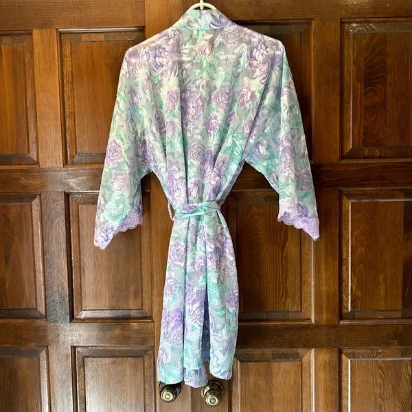 Vtg LA Intimates Robe Large Purple Green Floral Sheer Kimono Cottagecore 80s 90s - Image 5