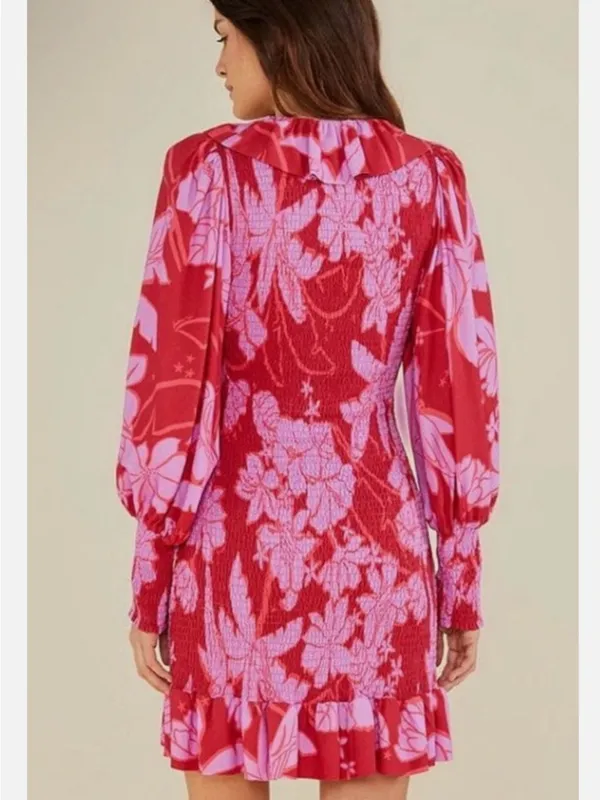 Farm Rio Smocked Floral Ruffle Mini Dress - Pink/Red - Image 2