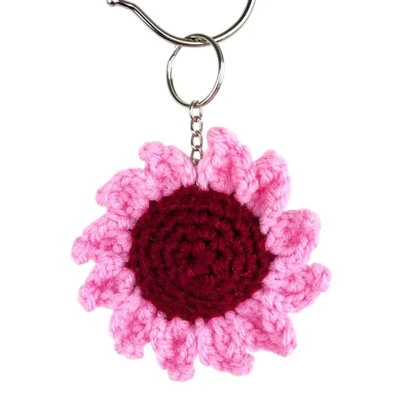 New Crochet Stuffed Keychain Burgundy Pink Flower Handmade Handcrafted - Image 3