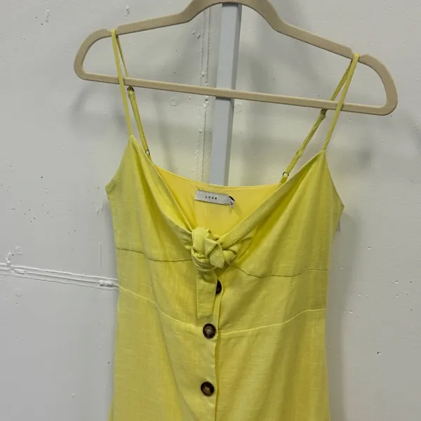Lush Yellow Linen Blend Tie Front Button Down Mini Dress LD42793-CI Womens Small - Image 3