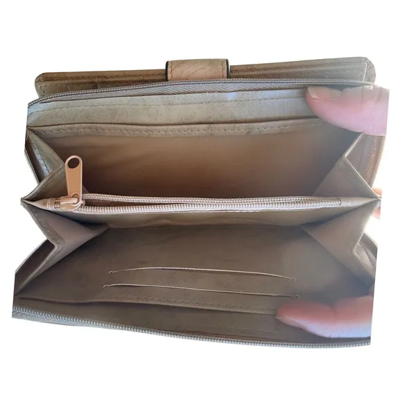 Buxton Beige Genuine Leather Organizer Wallet Zip Around Snap Clutch - Image 5