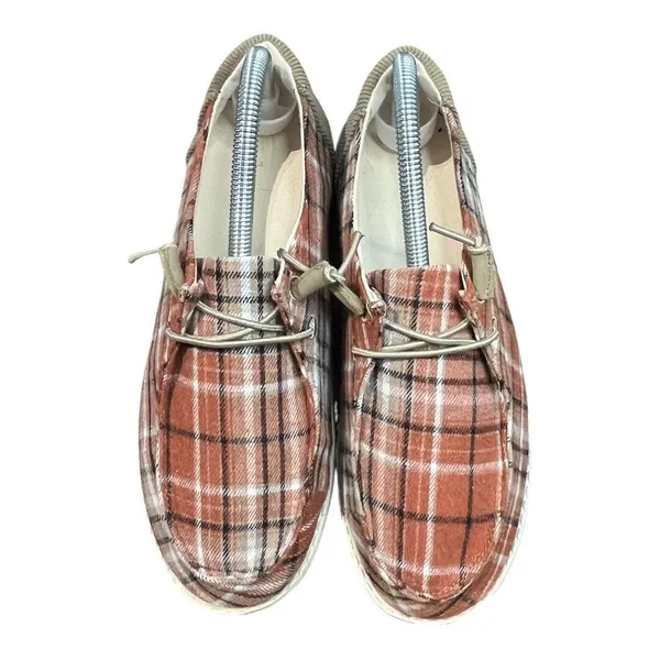 True Craft Plaid Slip On Loafers‎ Womens 7.5M Orange Brown Corduroy Comfortable Fall - Image 7