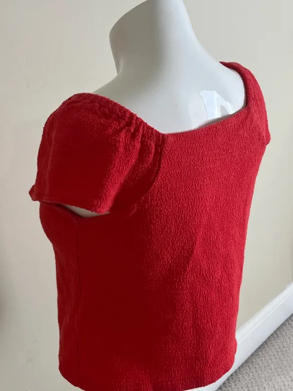 Madewell Texture & Thread Red Smocked Puff Sleeve Button Front Crop Top - Image 8