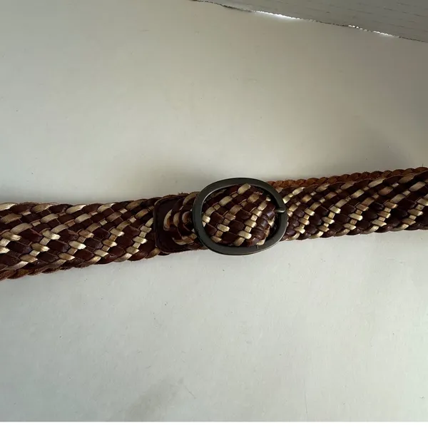 American Eagle Women Leather Belt S/M Brown Metallic Braided Boho Buckle Indie - Image 3