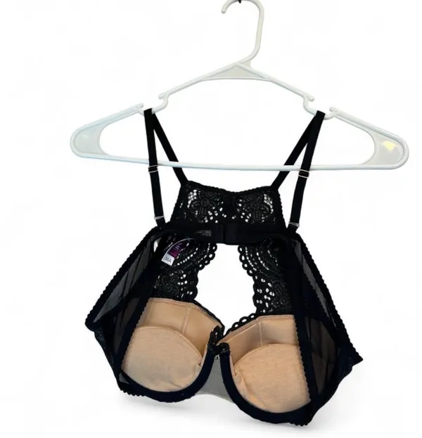 Adore Me black lace bra with floral embroidery, size 36A #lingerie #floral - Image 3