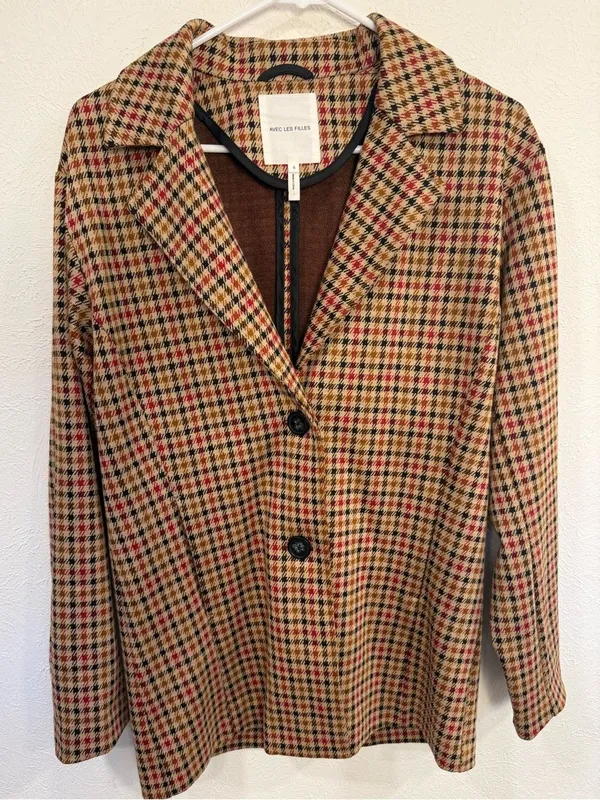 Avec Les Filles Longline Plaid Houndstooth Blazer Tan Red Black Size S - Image 2