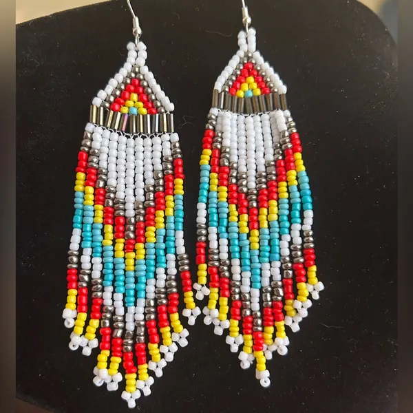 New..Colorful Seed Beaded Dangle Earrings Red - Image 3
