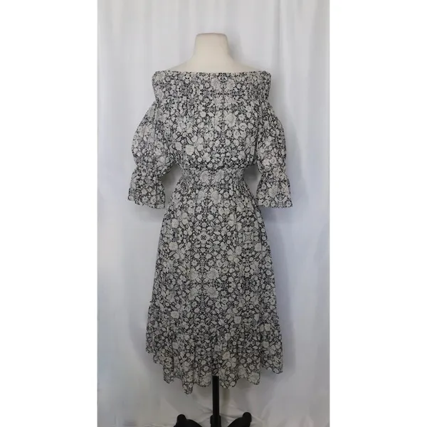 MISA Los Angeles Floral Smocked Midi Dress Black Gray Pink‎ Off Shoulder X-Small - Image 2