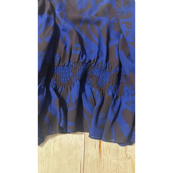 Evereve Blue Brown Abstract Floral Smocked Peplum Balloon Sleeve‎ Blouse Large - Image 9