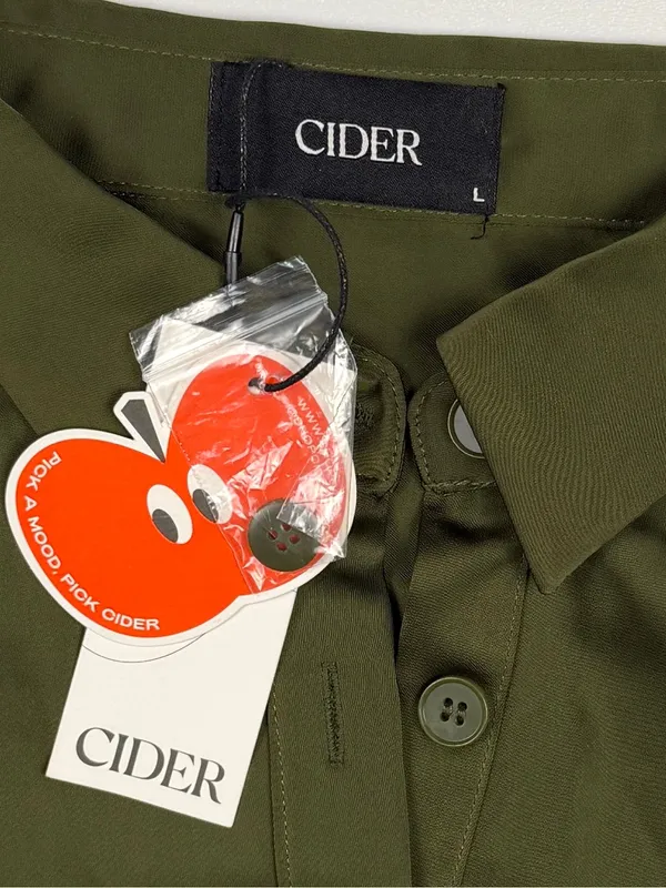 NWT Cider Olive Green Satin Button-Up Dress with Feather Hem - Image 2