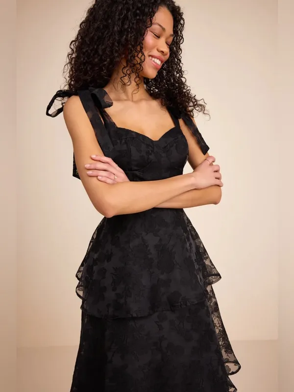 Lulus Black Burnout Jacquard Tie Strap Bustier Midi Dress Large New NWT - Image 3