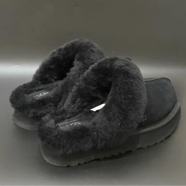 UGG Disquette Black Suede Leather Plush Sheepskin Platform Slippers Size 8 - Image 4