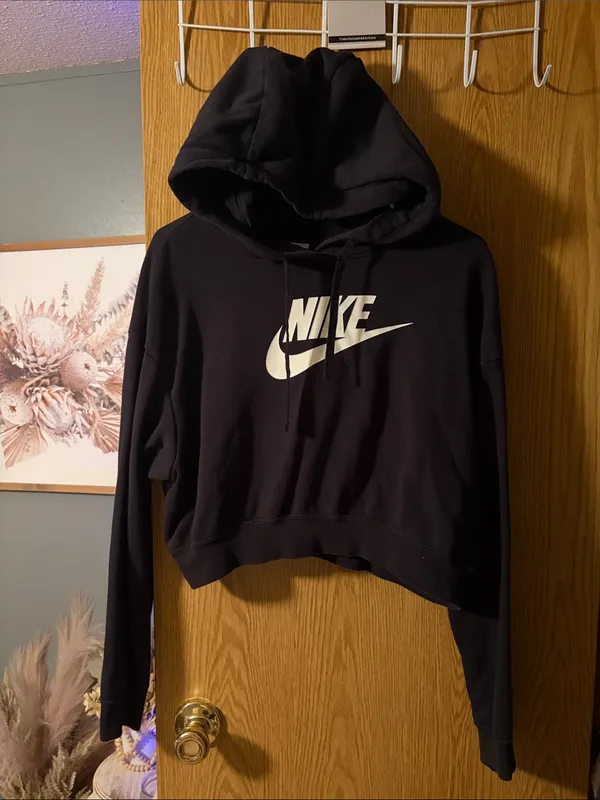 Nike Black Cropped Hoodie with White Swoosh Logo XS - Image 2