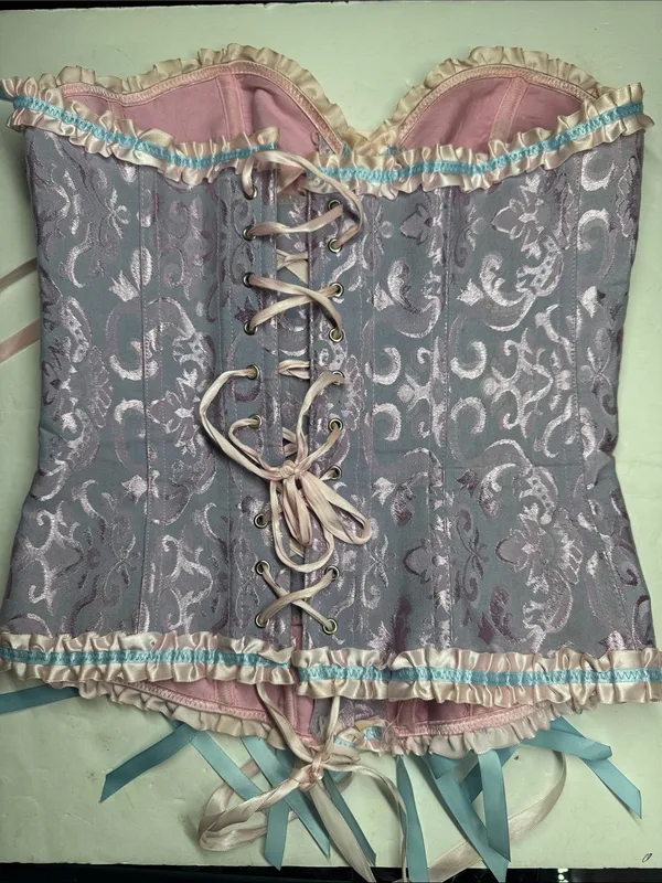 Lavender Floral Brocade Corset Pastel pink blue Ribbon Trim M costume party sexy - Image 4