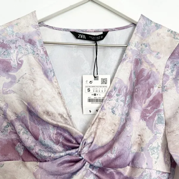 Zara Marble Print Blouse Small Flare Sleeve Twist V Neck Night Out Office Siren‎ - Image 5