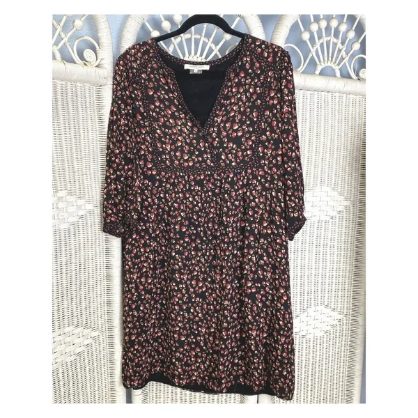 Gérard Darel Paris Black Floral Print Dress 44 Smocked Neckline‎ French Viscose - Image 2
