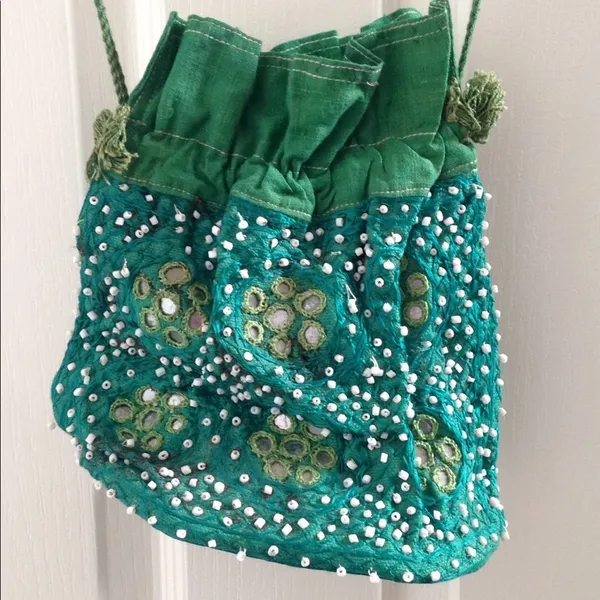 FINAL MARKDOWN MIRRORED & Beaded Drawstring Pouch Green - Image 2