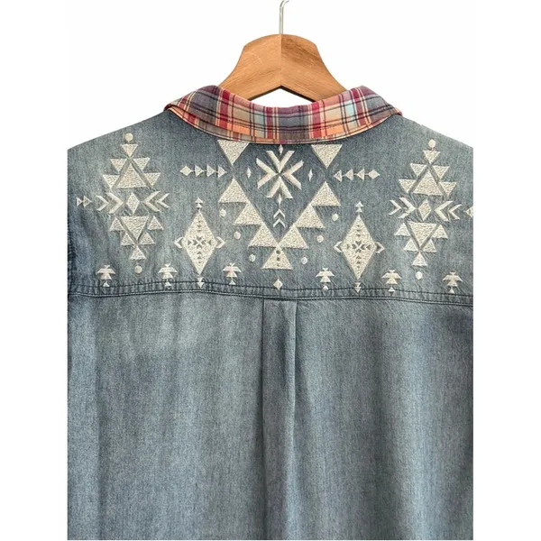 Miss Me Womens Plaid Boho Western Embroidered Button Up Top Size S Cowgirl Indie - Image 5