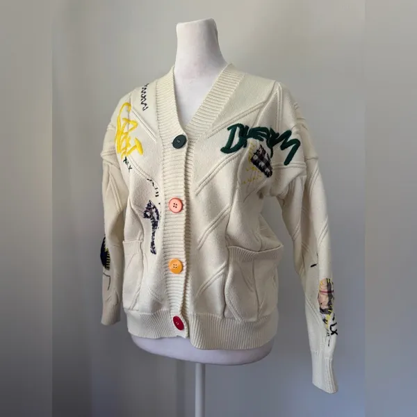 Retro Multicolored Chunky Cable Knit Button Front Cardigan Sweater - Image 7