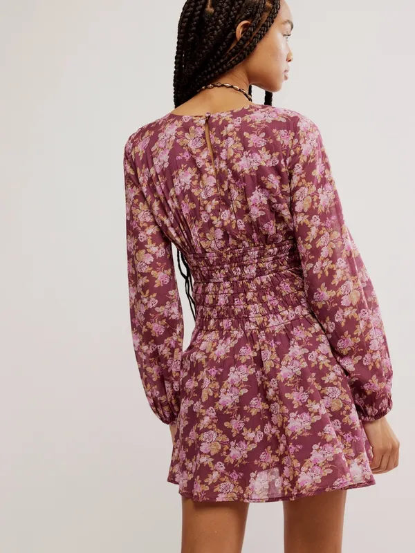 NWT Free People Keep You Mini Dress in Berry Combo Long Sleeve Floral Size Small - Image 4