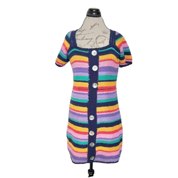 Farm Rio Sweater Dress XS Striped Short Sleeve Winter Summer Fall Boho Retro - Image 2