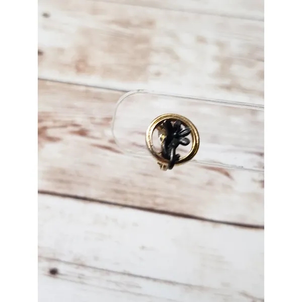 Vintage Clip On Earrings - Small Gold Tone Circle with Dark Grey Flowers - Image 2
