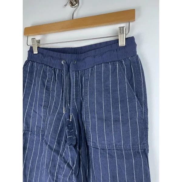 Athleta Linen Pants Womens 2 Bali Wide Leg Cropped Blue Stripe Beachy Pockets - Image 5