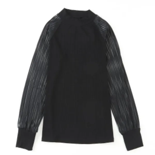 NEW Black Ribbed Top With Striped Mesh Long Sleeves - Image 6
